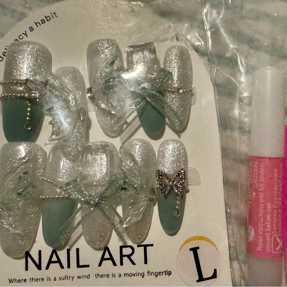 Glitter Silver & Sage Green Rhinestone Butterfly Press-On Nails